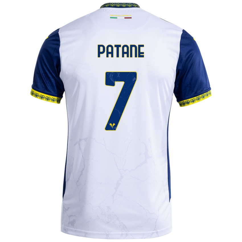 Gyermek Nicola Patanè #7 Fehér Kék Idegenbeli Jersey 2024/25 Mez Póló Ing