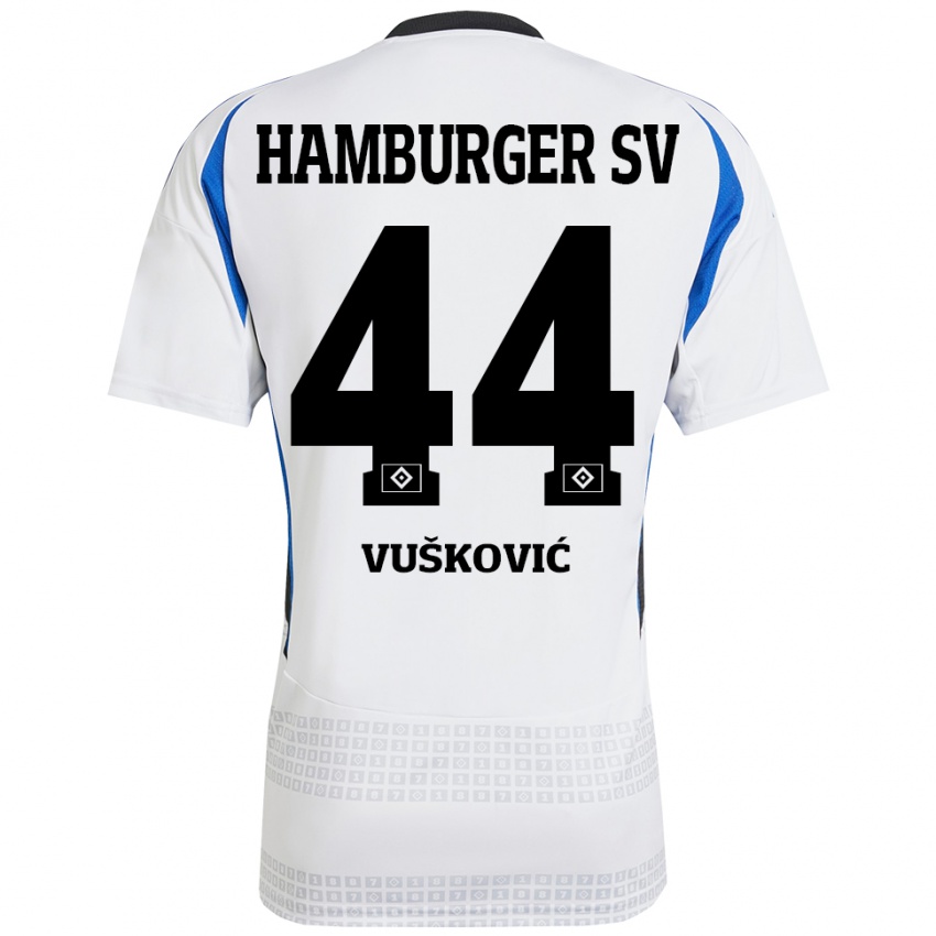 Férfi Mario Vuskovic #44 Fehér Kék Hazai Jersey 2024/25 Mez Póló Ing