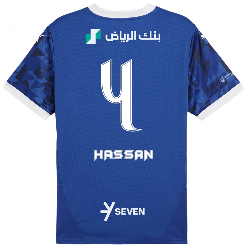 Gyermek Eman Hassan #4 Sötétkék Fehér Hazai Jersey 2024/25 Mez Póló Ing