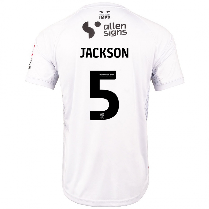 Gyermek Adam Jackson #5 Piros Fehér Idegenbeli Jersey 2024/25 Mez Póló Ing