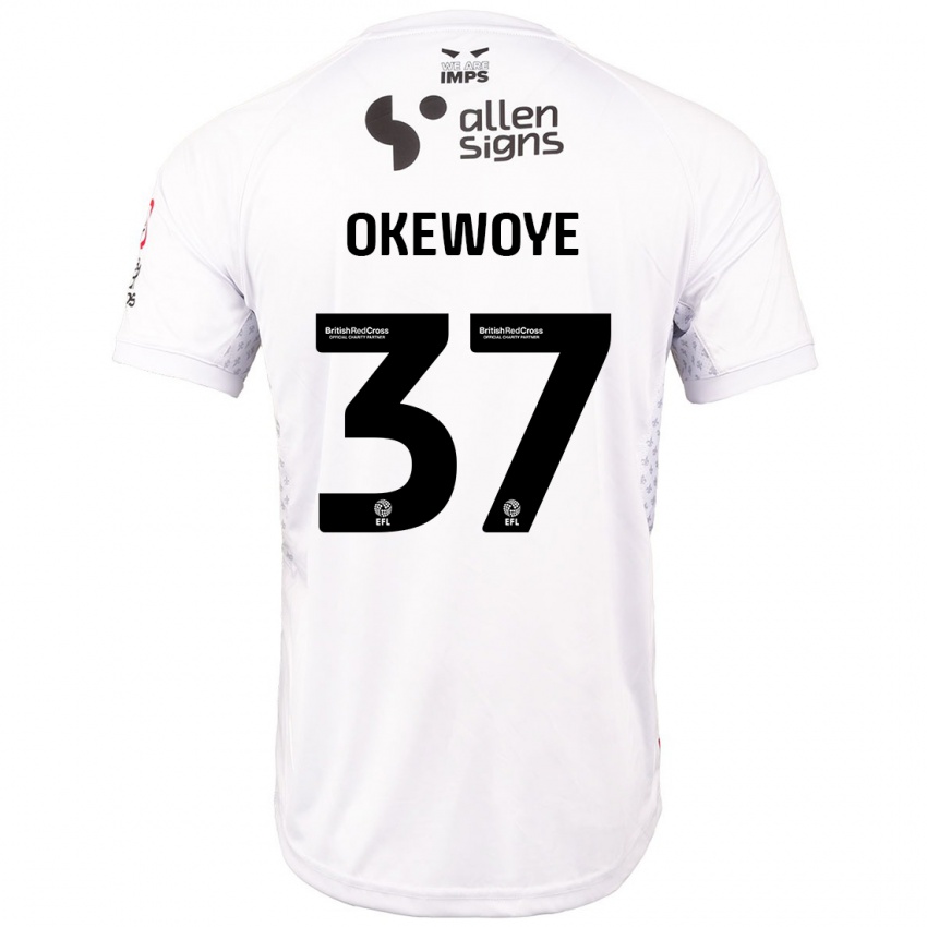 Gyermek Gbolahan Okewoye #37 Piros Fehér Idegenbeli Jersey 2024/25 Mez Póló Ing