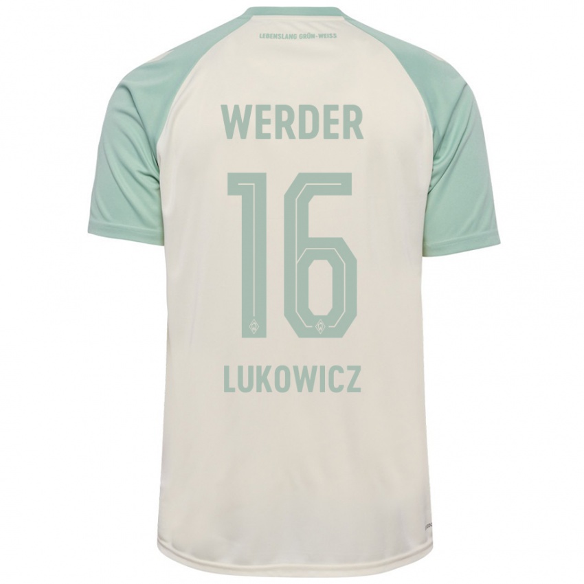 Gyermek Maik Lukowicz #16 Törtfehér Világoszöld Idegenbeli Jersey 2024/25 Mez Póló Ing