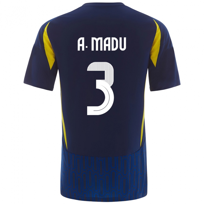 Gyermek Abdullah Madu #3 Kék Sárga Idegenbeli Jersey 2024/25 Mez Póló Ing