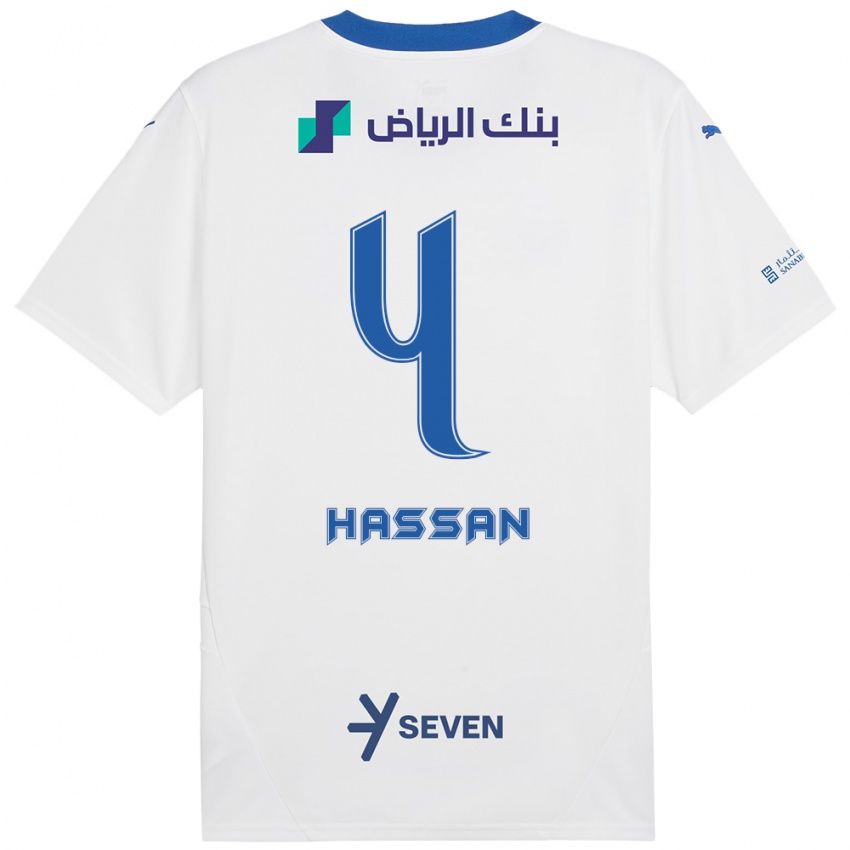 Gyermek Eman Hassan #4 Fehér Kék Idegenbeli Jersey 2024/25 Mez Póló Ing