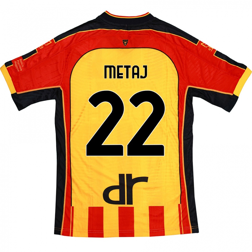 Gyermek Dejvi Metaj #22 Sárga Piros Hazai Jersey 2024/25 Mez Póló Ing