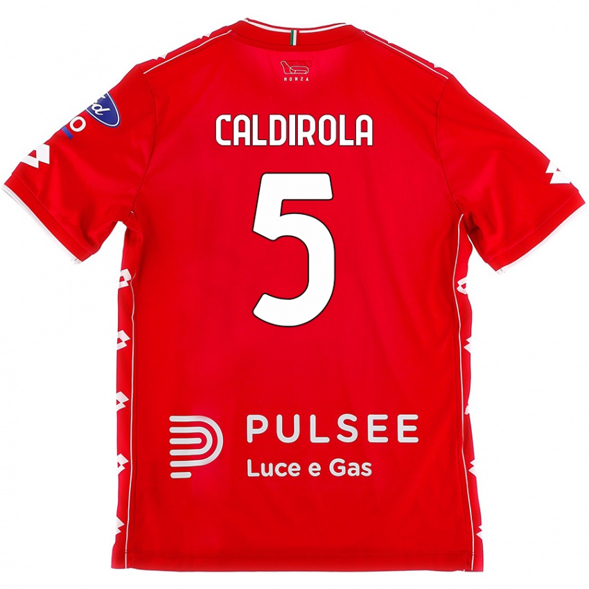 Gyermek Luca Caldirola #5 Piros Fehér Hazai Jersey 2024/25 Mez Póló Ing