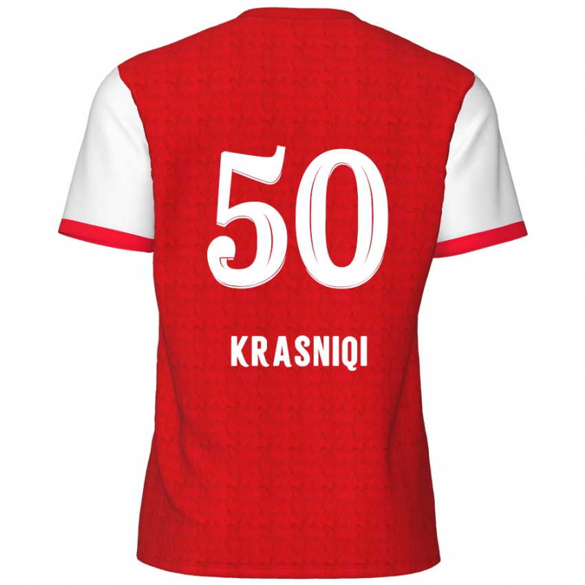 Gyermek Laurit Krasniqi #50 Piros Fehér Hazai Jersey 2024/25 Mez Póló Ing