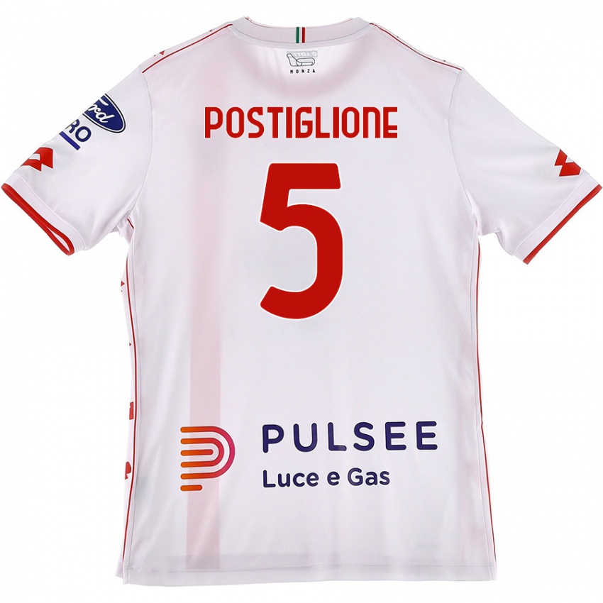 Gyermek Nicolò Postiglione #5 Fehér Piros Idegenbeli Jersey 2024/25 Mez Póló Ing