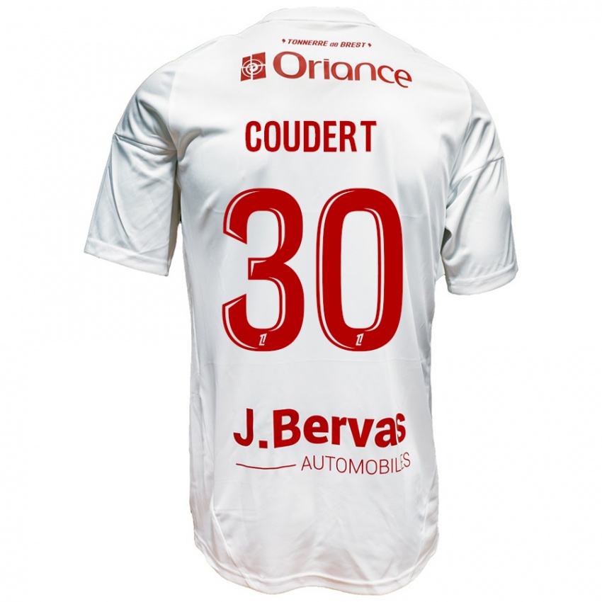 Gyermek Grégoire Coudert #30 Fehér Piros Idegenbeli Jersey 2024/25 Mez Póló Ing